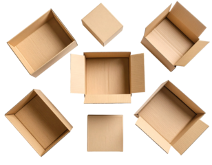 Open Cardboard Boxes Geometric Flat Lay on Transparent Background