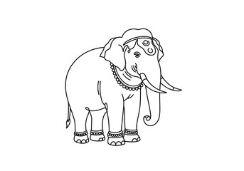 Pooram elephant drawing. It is a black and white outline image of an elaborately adorned elephant, typical of those featured in the famous Indian Pooram festivals. Vector sketch line art draw.