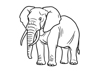 Obraz premium African elephant drawing. It is a black and white outline image of an African elephant, a large mammal known for its distinctive trunk and tusks. Vector sketch line art draw.