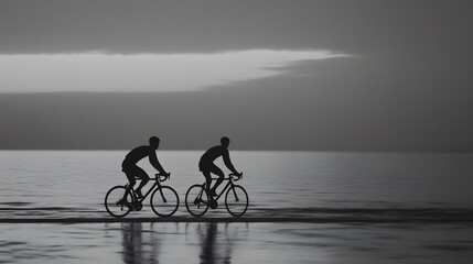 Fototapeta premium Two cyclists on bikes at seashore at sunrise or sunset.