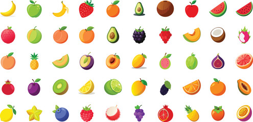 Colorful collection of fresh fruits flat icons , realistic vector design