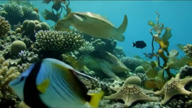 A realistic and vibrant underwater view near a tropical coastline, featuring a variety of marine life including sea turtles, tropical fish, and coral reefs.