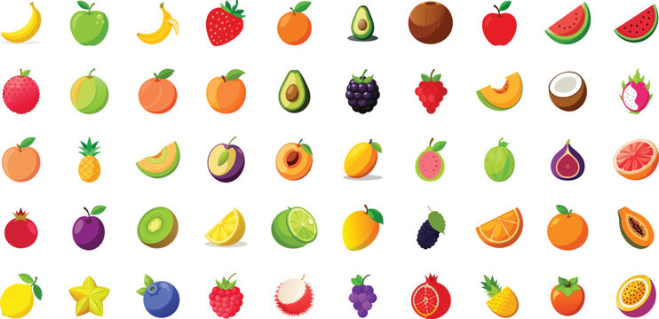 Colorful collection of fresh fruits flat icons , realistic vector design - Powered by Adobe
