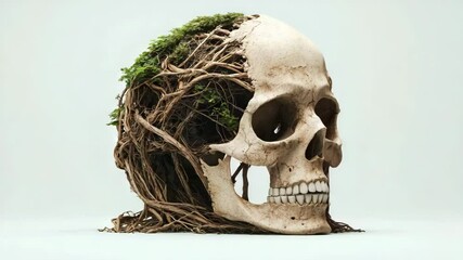 A human skull partially formed and intertwined with tree roots and green foliage on a light background. - Powered by Adobe