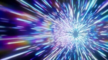 Abstract hyperspace jump, cosmic tunnel animation with dynamic glowing light streaks and vibrant colors moving toward the center point in seamless loop motion - Powered by Adobe