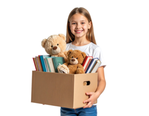 Smiling Girl Donating Books and Teddy Bears