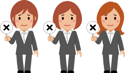 不正解の札を上げるグレースーツの若い女性