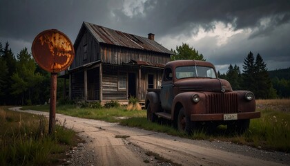 Remote rural rust old american town with truck on the road