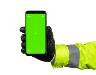 Gloved Hand Holding Smartphone with Bright Green Screen