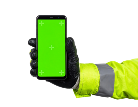 Gloved Hand Holding Smartphone with Bright Green Screen