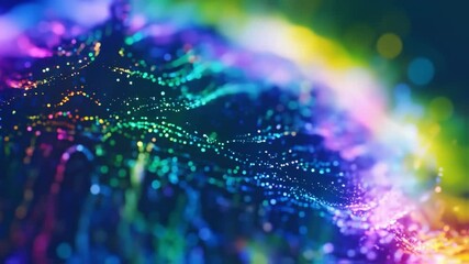 Abstract iridescent digital data particles flow and pulsate creating dynamic wave patterns, showcasing network activity and future technology. - Powered by Adobe
