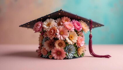 Graduation cap blooming from flowers on soft pastel background, symbolizing growth, transformation, and a fresh start