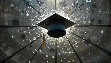 Graduation cap smashing through glass ceiling with flying shards, symbolizing breaking barriers and achieving the impossible