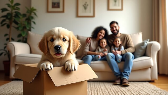 Golden retriever puppy in box with happy family