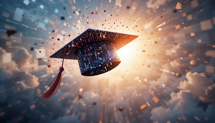 Graduation cap transforming into flying digital pixels, symbolizing transition into the tech-driven professional world