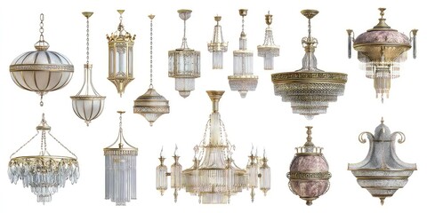 Obraz premium Ornate vintage lantern collection, intricately designed brass fixtures with glass panels and historic charm isolated on white background