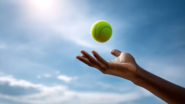 Hand throwing a tennis ball against a blue sky