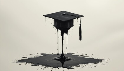 Black graduation cap melting into ink on white paper, symbolizing academic exhaustion and sacrifice