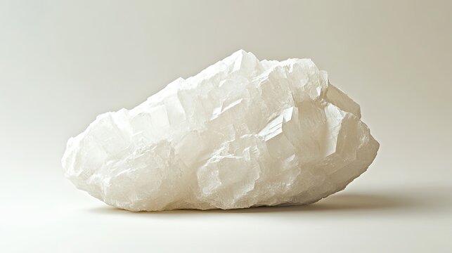 A single kaolinite mineral with a white color and a pearly luster. The mineral has a flaky texture, with smooth surfaces and fine layers. The background is soft