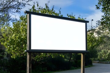 Fototapeta premium Rural Park Outdoor Billboard Sign Information Mockup: Natural Landscape Advertising Space