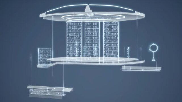 Futuristic architectural layout showing floating platforms, multilevel building designs and a central library structure with glowing blue wireframes.