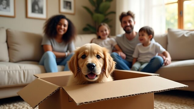 Golden retriever puppy in moving box with happy family - Powered by Adobe