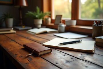 Rustic wooden desk with leather notebook and pen