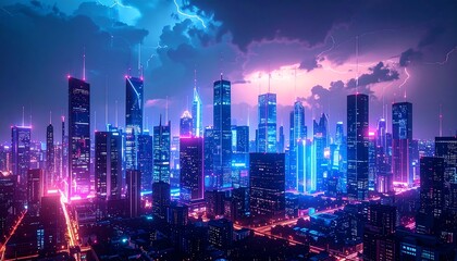 Obraz premium Futuristic city skyline at night with vibrant neon lights