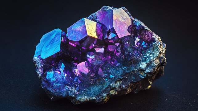 A single bornite mineral with a metallic purple to blue color and a iridescent luster. The mineral has a rough, textured surface with natural imperfections. The background is dark