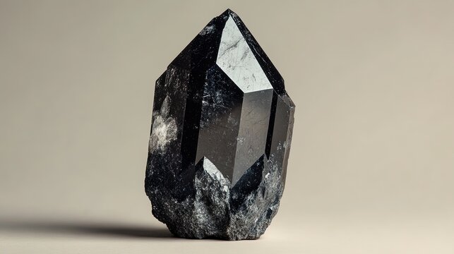 A single enargite crystal with a dark gray to black color and a metallic luster. The crystal is prismatic in shape, with smooth surfaces and sharp edges. The background is neutral