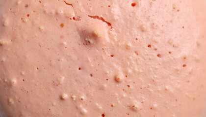 Fototapeta premium close-up macro texture of pink macaron shell surface with bumps and air holes, pastel bakery background, smooth and cracked baked crust 