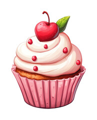 Cherry-topped cupcake with swirls of creamy frosting and decorative red pearls