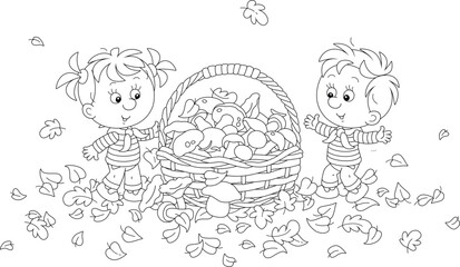 Happy little girl and boy mushroomers and a big wicker basket full of edible mushrooms among fallen leaves on a forest glade, black and white vector cartoon illustration for a coloring book