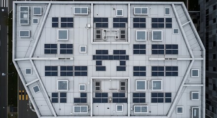 Fototapeta premium Geometric building pattern on rooftop, solar panels arranged symmetrically