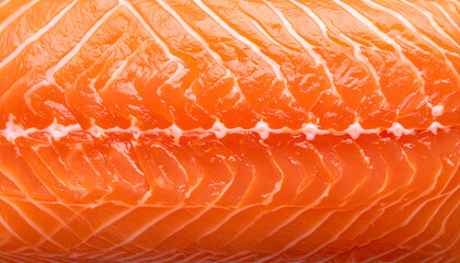 top view of raw salmon fillet close-up with visible fat marbling lines, fresh seafood texture for sushi and gourmet cooking
