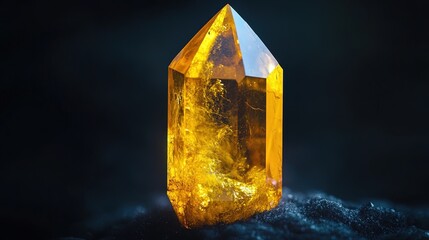 A single sulfur crystal with a bright yellow color and a resinous luster. The crystal is orthorhombic in shape, with smooth surfaces and sharp edges. The background is dark