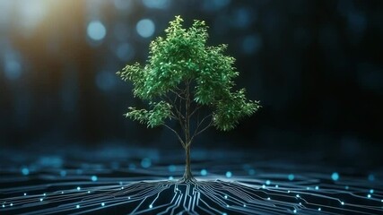 nature conservation concept. A healthy green tree stands atop a digital circuit board, blending nature with technology in a futuristic environment. - Powered by Adobe