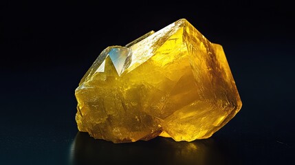 A single sulfur crystal with a bright yellow color and a resinous luster. The crystal is orthorhombic in shape, with smooth surfaces and sharp edges. The background is dark