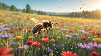 POV view of a honey bee hovering over a vibrant flower meadow, collecting pollen amidst a colorful display of blossoms during the warm spring season, with sunlit trees in the background