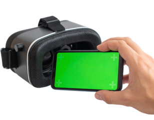 Hand Placing Smartphone in Virtual Reality Headset Against Transparent Background