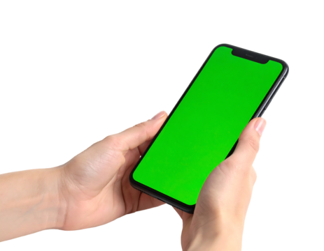Hands Holding Smartphone with Green Screen on Black Background