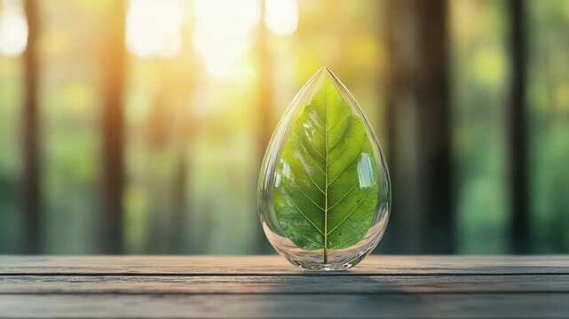 nature conservation concept. A green leaf is encased inside a clear, water-drop-shaped glass on a wooden surface with a blurred forest background.