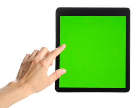 Hand Zooming on Green Tablet Screen