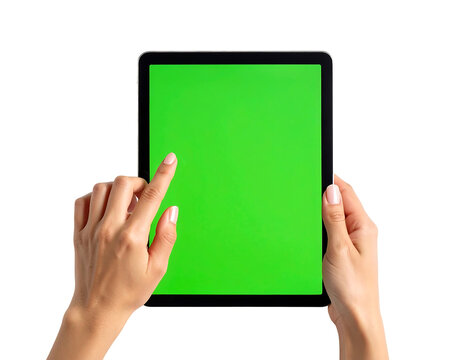 Woman's Hands Interacting with Green Screen Tablet - Powered by Adobe