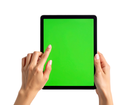 Woman's Hands Interacting with Green Screen Tablet