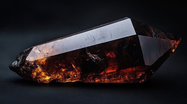 A single goethite crystal with a dark brown to black color and a silky luster. The crystal is needle-like in shape, with smooth surfaces and sharp edges. The background is dark