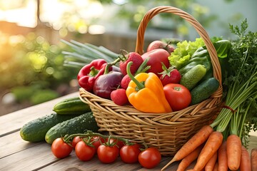 Fresh organic vegetables and strawberries in basket
