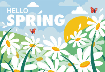 Hello Spring Illustration. Colorful Floral Landscape Vector Background