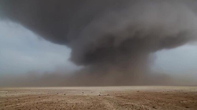 Large rotating dust devil forming over a flat arid landscape with swirling dust clouds and a threatening, overcast sky