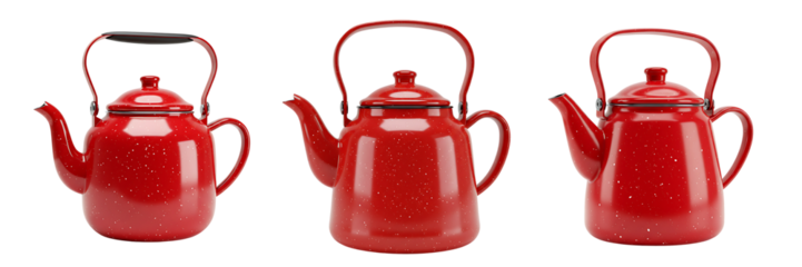 Red Enamel Teapots Collection on Transparent Background

